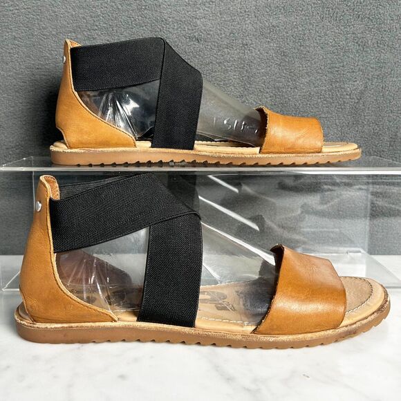 Sorel Ella Tan Leather Black Elastic Strap Sandal - Women's 8.5 - Picture 1 of 8